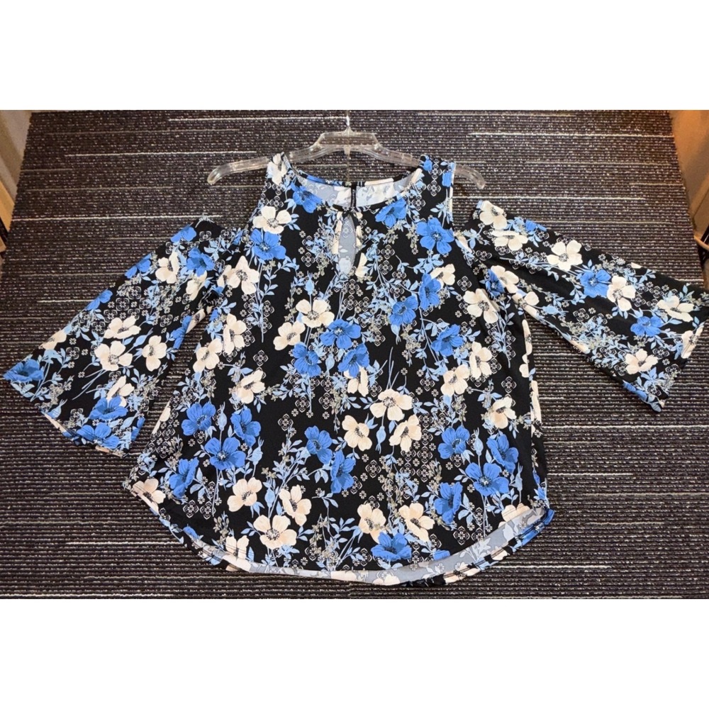 Bleeker & McDougal Cold Shoulder Top Womens 1X Floral Bell Sleeve Keyhole